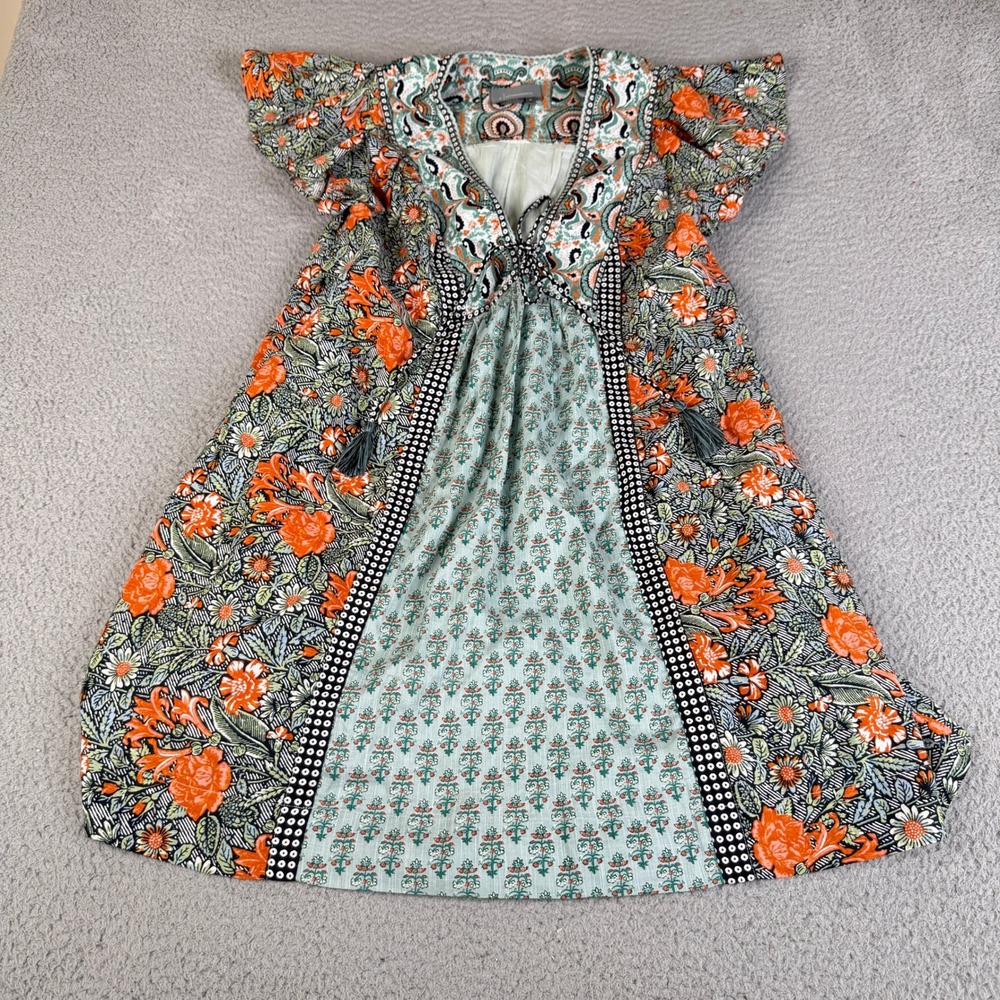 Anthropologie Mini Dress Womens XS Multicolor Floral Paisley Flutter Tassels